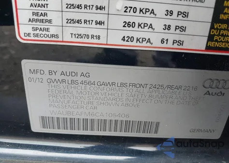 2012 Audi A3 2.0T Premium from USA, damaged, VIN WAUBEAFM6CA105406